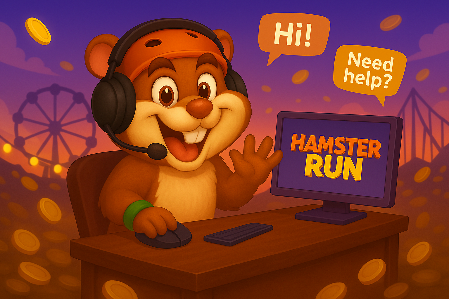 A hamster with a headset waves hello in front of a monitor showing the Hamster Run logo