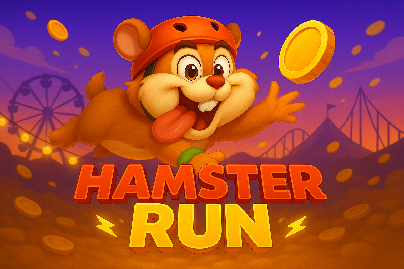 A cheerful hamster in a helmet jumps for coins in the Hamster Run game